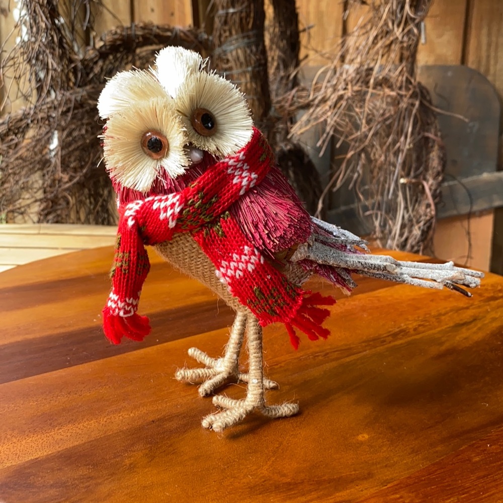 Pottery Barn Sisal, Pinecone and Twig Holiday Owl with Scarf and Burlap body 🦉
